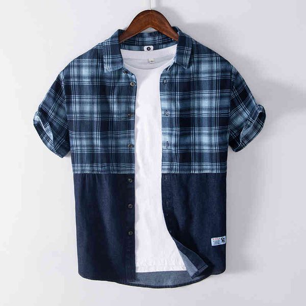 Camisa de manga curta de patchwork de vaqueiro para homens 100% algodão xadrez moda casual denim camisa verão nova costura roupa 210421