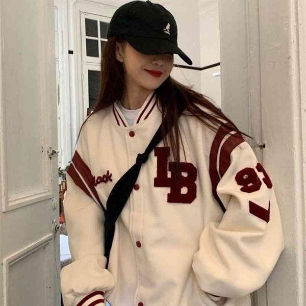 

harajuku bf jacket spring and autumn loose japanese college style baseball uniform mid length jacket female student ins 210804, Black;brown
