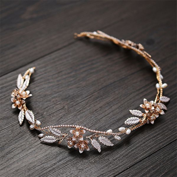 

boho gold floral bridal hair vine women headband pearls jewelry handmade leaf wedding headpiece accesories, Golden;silver