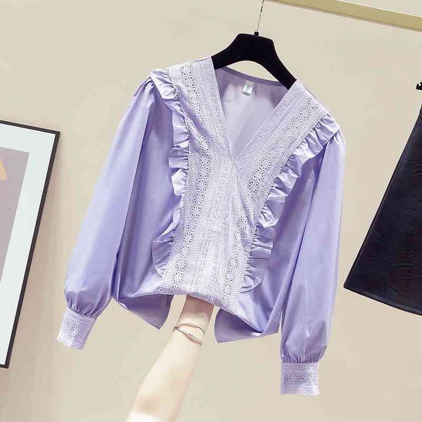 

autumn women's v neck long sleeves hollow out ruffles shirts girls ladies shirt blouse a4076 210428, White