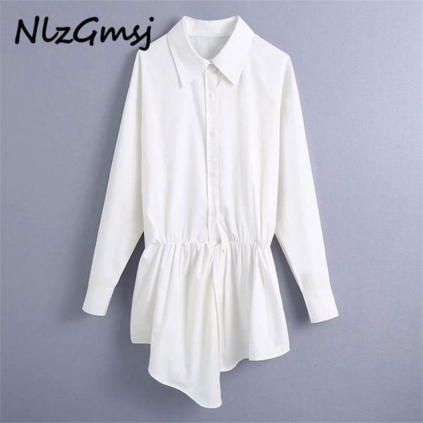 

blouse women white oversized shirts blouses pleated button up shirt woman long sleeve asymmetric hem casual 210628