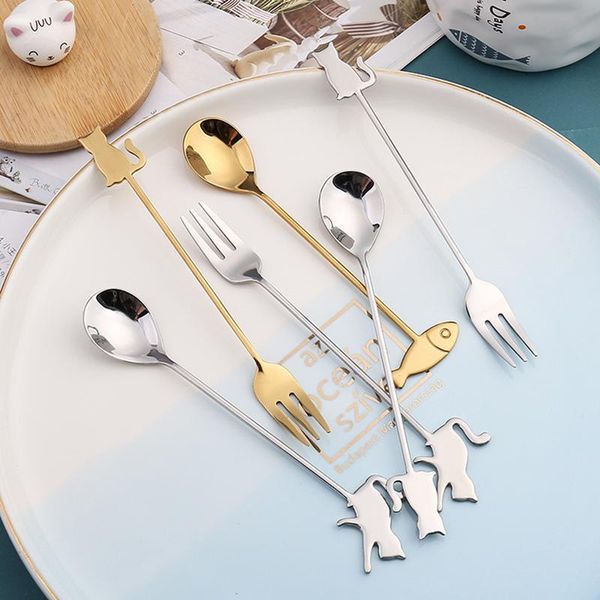 

spoons 2pcs stainless steel tableware creative tes spoon dessert fork fruit cartoon cat cute japanese coffee stirring