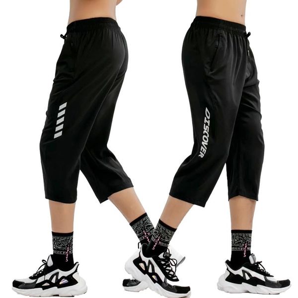

running pants 2021 3/4 sport men with zipper pockets joggings football training basketball soccer trousers, Black;blue
