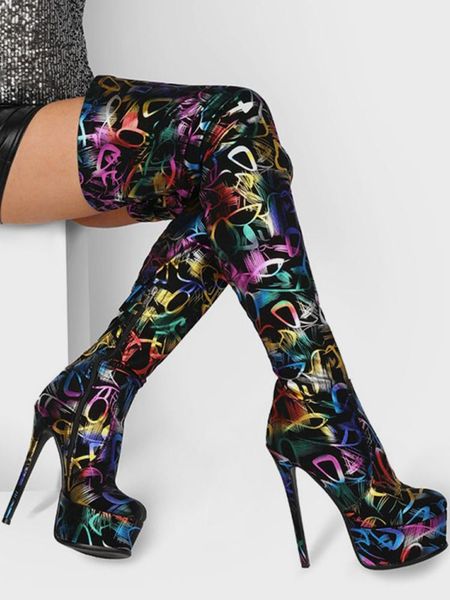 

boots taoffen size 35-43 shoes for women over the knee platform stiletto high heels mixed color long boot female footwear, Black