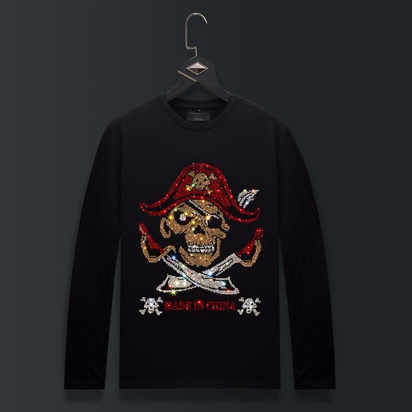 

fashion fleece hoodies drill skull men's long sleeve t shirt spring sweater round neck autumn bottom coat clothes, Black