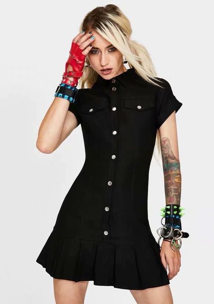 

casual dresses 2021 women summer pleated turn-down collar dress preppyd style button mini slim femme, Black;gray