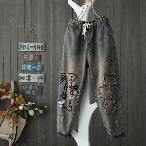 

women's jeans qpfjqd retro hole female original spring autumn drawstring elastic waist loose big size embroidery harem patch, Blue