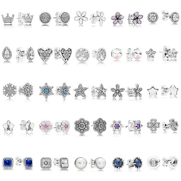 

100% 925 sterling silver pan studs earring round flower heart blue crystal studs earring for women jewelry gift 220211, Golden;silver