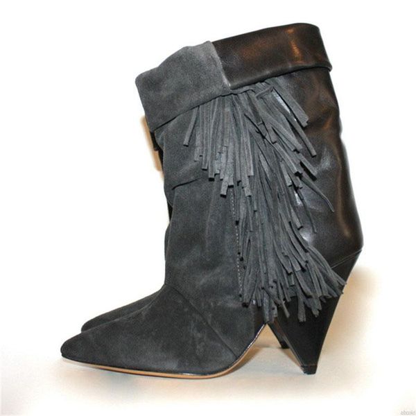 

boots 2021suede leather pointed toe ankle for women 8 cm spikehigh heel fringe tassel short ladies bota feminina, Black