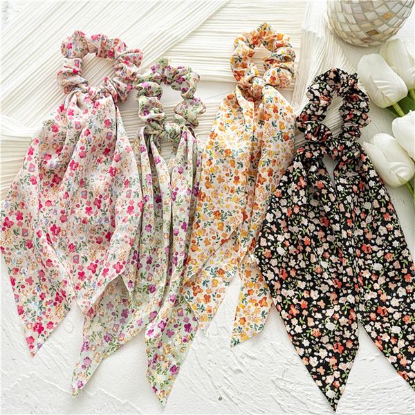 

floral print ponytail hair scarf ribbon pastoral style elastic hair bands rope knotted bow hair accesories, Pink