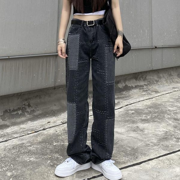 

women's jeans summer korean open-stitch patch pants distressed hip trend couples commuting wide-leg loose straight-leg, Blue
