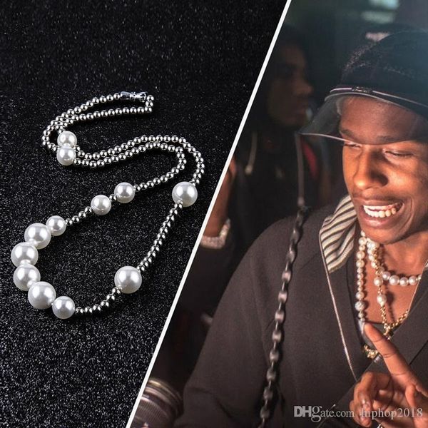 

designer necklace fashion mens pearl necklace hip hop stainless steel ball beaded jewelry clavicle chain necklaces, Silver