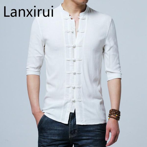 

chinese style flax summer pants embroidered yarn men 's shirt long sleeve retro cotton men's casual shirts, White;black