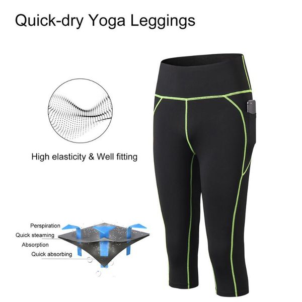 

women's pants & capris women sport leggings quick dry summer high waist pocket bodycon jogging gym fitness three quarter trousers, Black;white