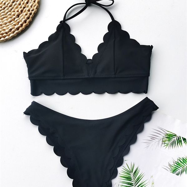 

new 2021 scalloped mid waist female swimsuit women swimwear two-pieces bikini set halter bathers bathing suit swim wearing