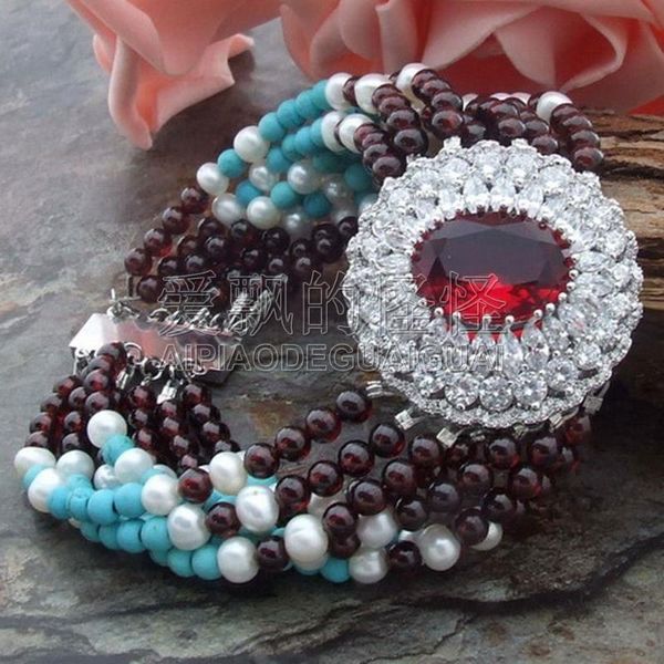 

beaded, strands women's 8" 7strands white pearl garnet bracelet cz connector, Black