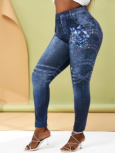 

women's leggings plus size trousers pants floral 3d denim print pantalones de mujer, Black