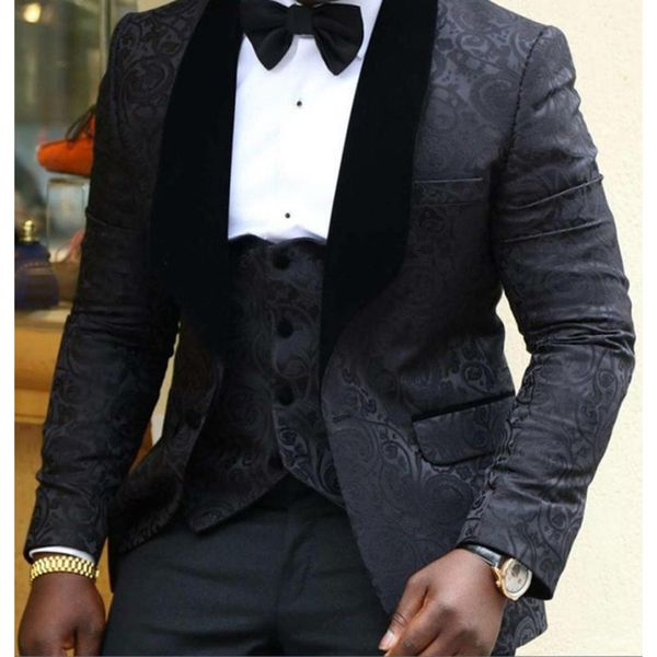 Smoking da sposa con risvolto con risvolto nero bello Abbigliamento da sposo Giacca jacquard formale + gilet + pantaloni Abiti da uomo Blazer Custom Made 3 pezzi Smoking Business Wedding Coat