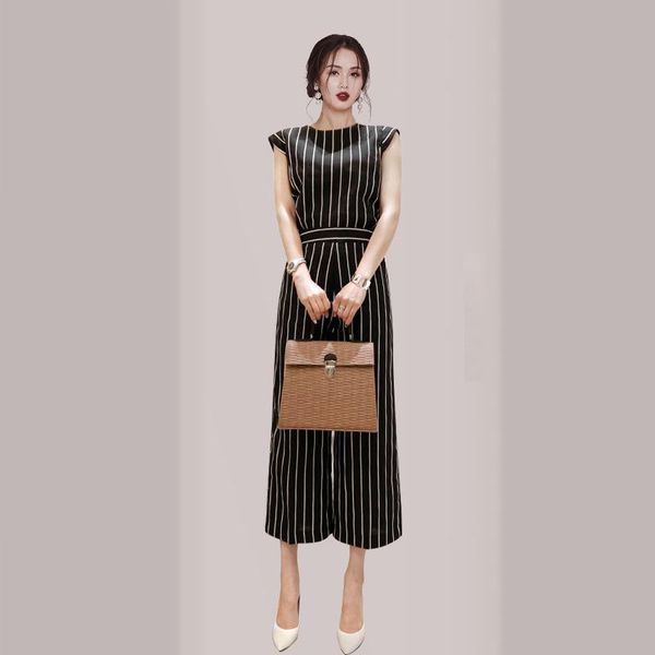 

summer 2 pieces sets ruffles sleeveless bandage bodycon woman black striped wide leg pants party office dresses clothes women's two, White