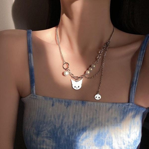 

pendant necklaces ins trendy creative unique cute cat ghost reflective pearls beads necklace for women fashion jewelry gift, Silver
