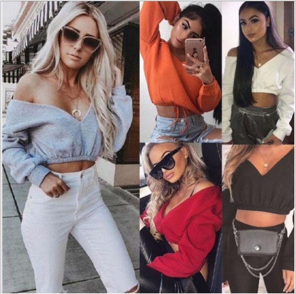 

women's plain long sleeve off shoulder deep v neck pullover crop sweatshirt, White