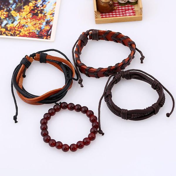 

charm bracelets retro fashion diy woven leather bracelet set beaded rope natural stone men and women hand jewelry, Golden;silver