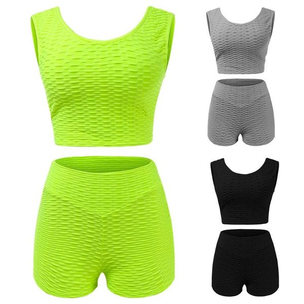

women's tracksuits women 2pcs workout outfits sleeveless crop tank high waist bulifting shorts pineapple textured ruched tracksuit, Gray