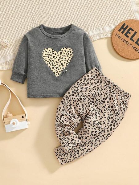 

baby leopard & heart print sweatshirt with sweatpants she, White