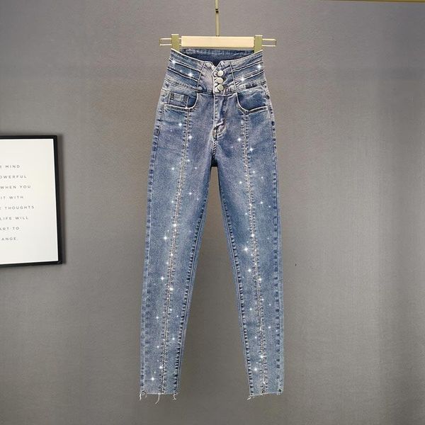 

women's jeans button high waist women autumn 2021 beaded shine club style ankle length female pencil pants quality, Blue