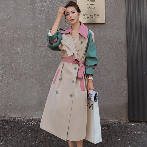 

spring autumn women trench coat fashion casual vintage overcoats double breasted windbreaker long coats plus size d73 women's, Tan;black