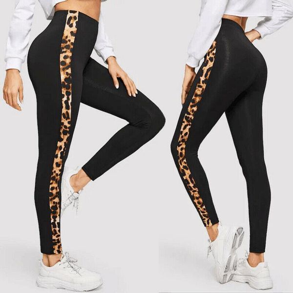 

high waist fitness sport pants womens legging leopard patchwork stretch workout running trousers gym slim, Black