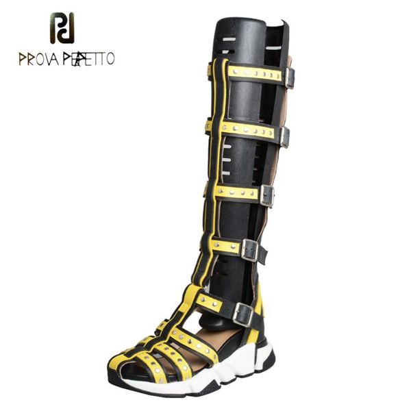 

dress shoes prova perfetto rivets stud cow leather belt buckle casual sandals women summer long boots platform flats sneakers, Black