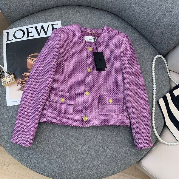 

2022 early spring new purple plaid tweed round neck jacket, Black;brown