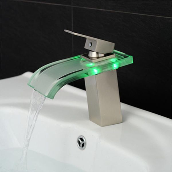 

bathroom sink faucets led faucet brass waterfall mixing counterinstallation washing glass and cold water