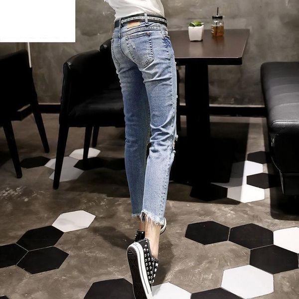 

women's jeans the hole in female foot trousers nine points high waist han edition, thin students 2021, Blue