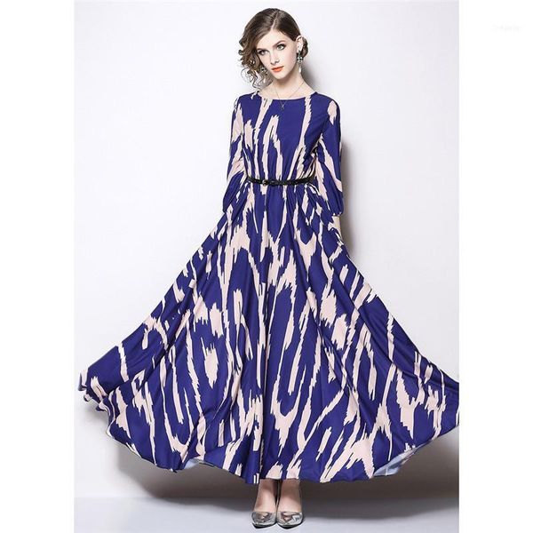 

blue print dress women 2021 spring autumn o neck ankle-length dresses fashion loose belt maxi vestidos feminina lr1731, Black;gray