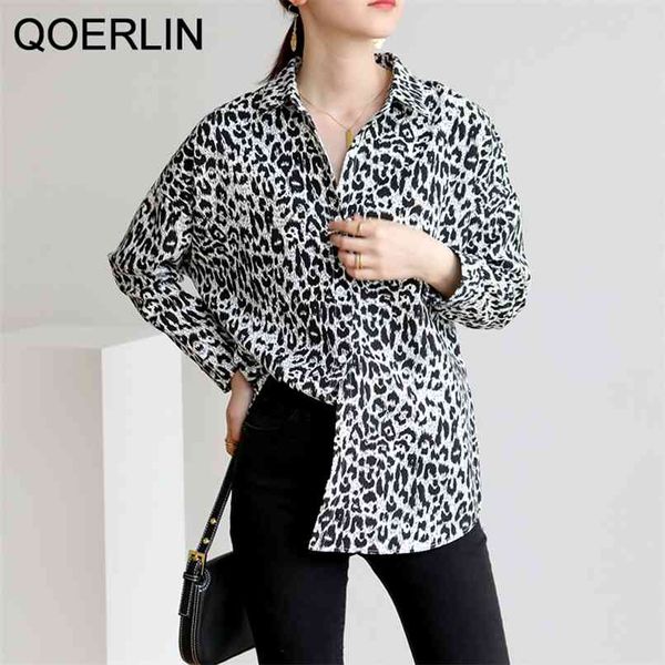 Ретро леопардовые печатные вершины рубашки женщины сексуальный темперамент мода с длинным рукавом рубашка Ulzzang Harajuku свободная повседневная блузка 210601
