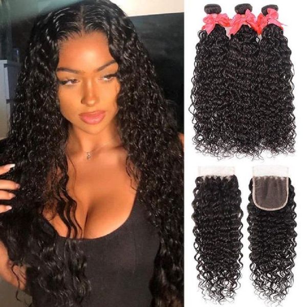 

human hair bulks 34 36 38 40 inch water wave bundles with 6x6 lace closure queenlife brazilian wet and wavy curly, Black