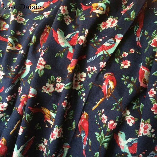 

cotton/linen dark navy colorful birds pink flower floral fabrics for tablecloth curtain cushions apparel cheongsam craft fabric, Black;white
