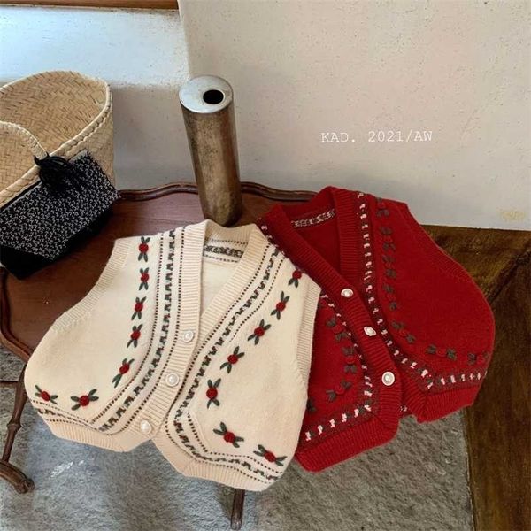 Vintage Baby Girl Gilet lavorato a maglia Gilet ricamato a mano Toddler Kids Cardigan Maglione 2-8 anni Capispalla casual Autunno 211201