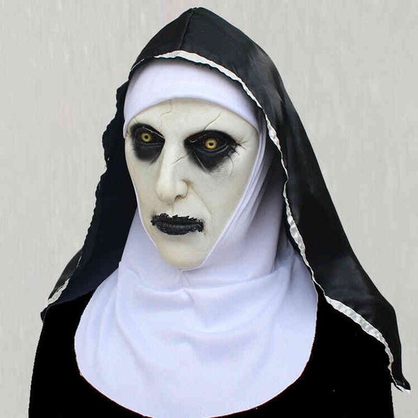 Lisheng GO Nonne Horrormaske Party The Conjuring Valak Gruselige Latexmasken mit Kopftuch für Halloween-Kostüm