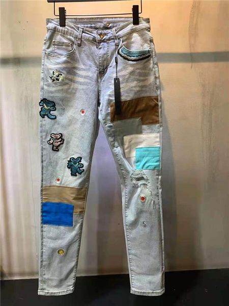 

21s mens jeans patchwork casual hip hop skinny biker denim slim-leg pants trousers men s designer size 29-40, Blue