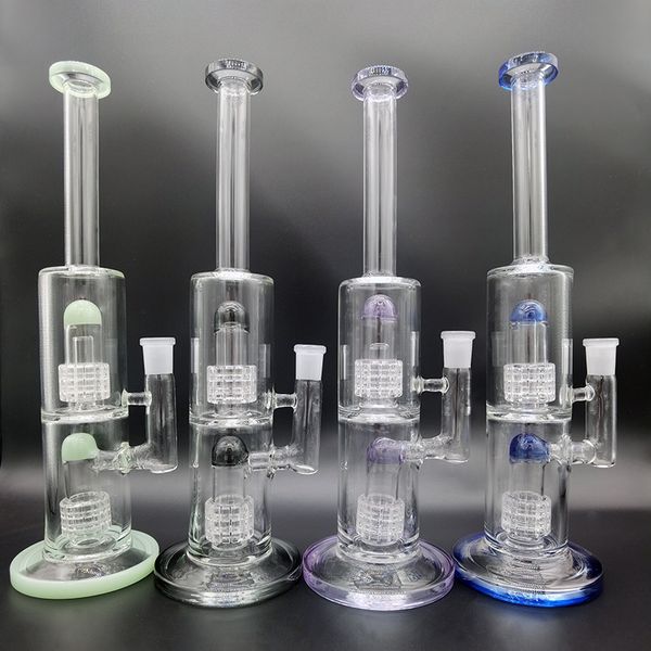 Su Borusu 12.6 inç Fıskiye Bongs Düz Nargile Çift Çift Matris Percolator Yağ Dab Kuleleri Bong 4 Renk Splash Guard Ile 14mm Erkek Cam Kase