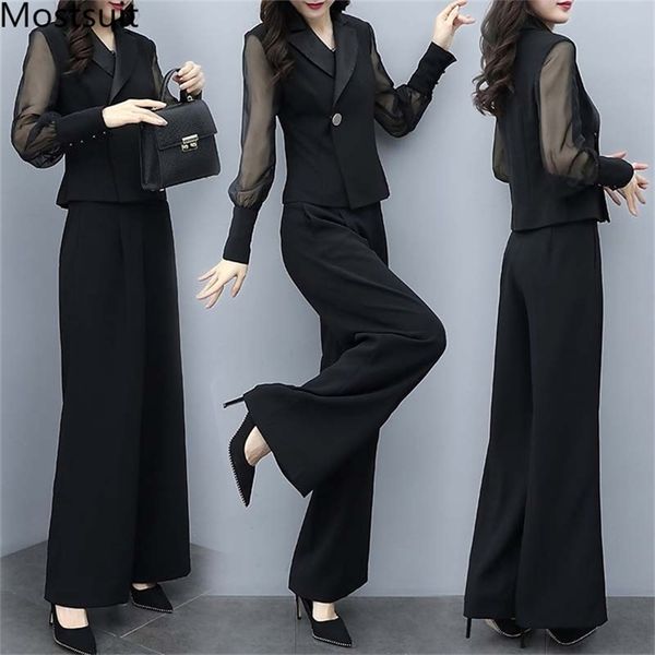 

autumn black office two piece sets outfits women plus size long sleeve and wide leg pants korean elegant matching suit 210513, White
