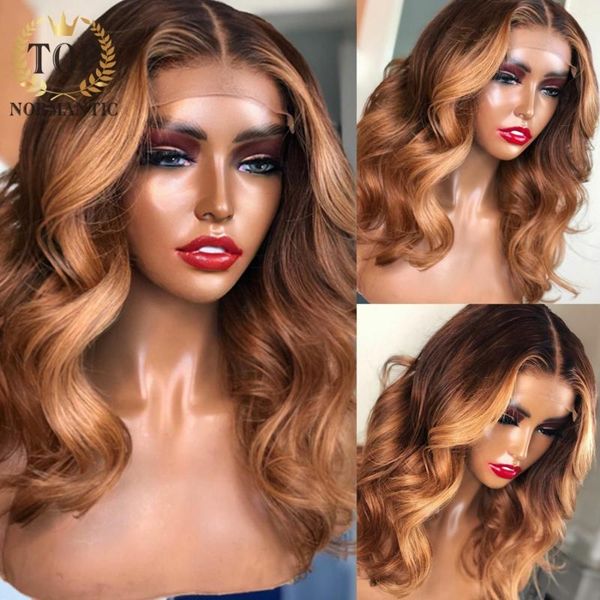 

ormantic body wave bob wig highlight color lace front preplucked hairline human hair wigs for women, Black;brown