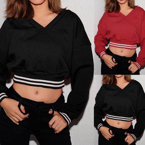 

women's hoodies & sweatshirts solid color pullover blouse long-sleeved coat threaded receiving short v-neck body-repairing garment blo, Black