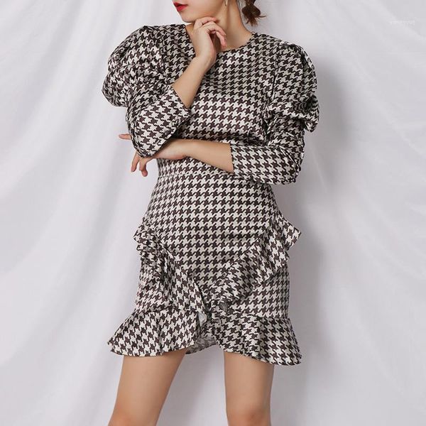 

casual dresses women houndstooth mini dress elegant o-neck puff sleeve ruffles asymmetrical party vintage sheath ladies autumn 2021, Black;gray