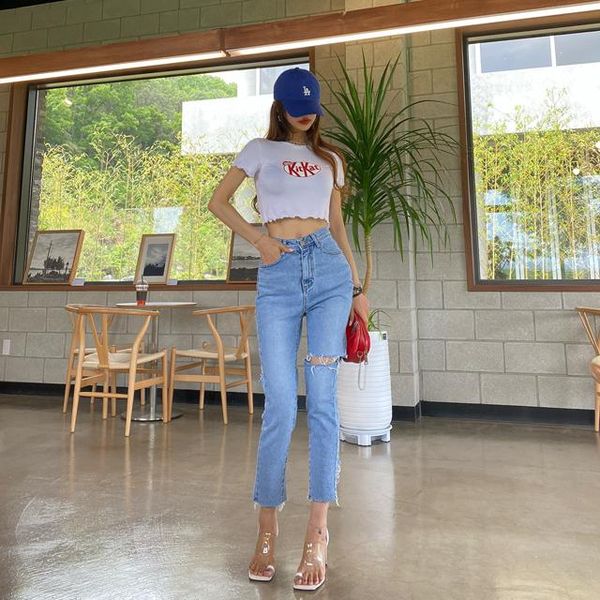 

women's jeans arrivals korean fashion women vintage worn out wash grinding hole high waist cotton cropped, Blue