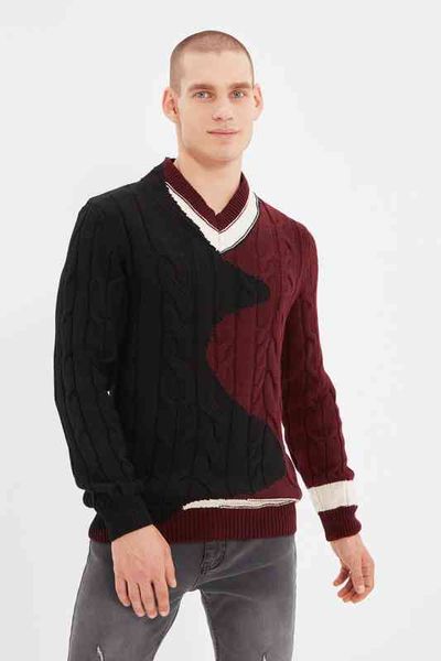 

trendyol men 's regular fit v-neck knitwear sweater tmnaw22kz2072, White;black