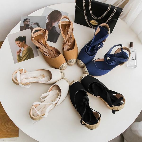 

sandals with straw wedgesheels for women batou 2021 summer chunky heels strappy fisherman shoes, Black